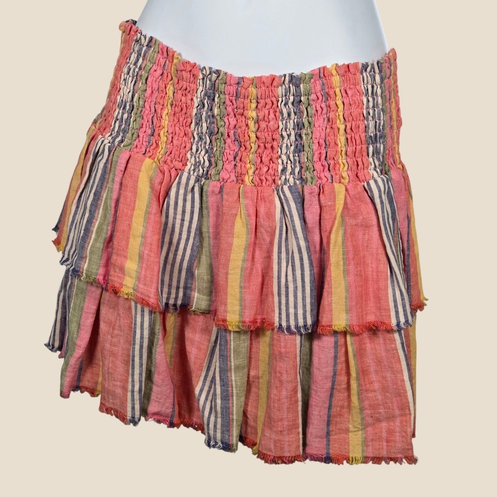Sundays NEW Women Large Linen Lara Mini Skirt Striped Smocked Tiered Summer